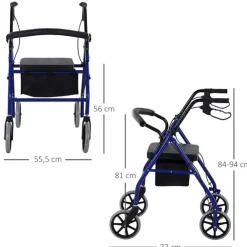 Andador para adultos Homcom plegable con ruedas 4 niveles de altura azul/negro 84-93x77x55,5 cm