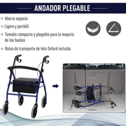 Andador para adultos Homcom plegable con ruedas 4 niveles de altura azul/negro 84-93x77x55,5 cm