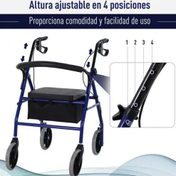 Andador para adultos Homcom plegable con ruedas 4 niveles de altura azul/negro 84-93x77x55,5 cm