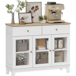 Aparador Cirell Homcom 3 puertas con 2 cajones blanco/natural 80,3x100x35 cm