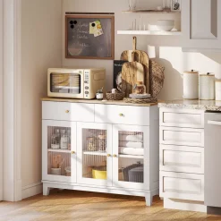 Aparador Cirell Homcom 3 puertas con 2 cajones blanco/natural 80,3x100x35 cm