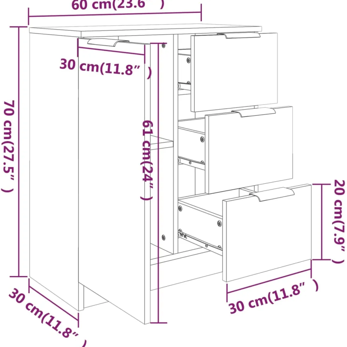 Aparador Claudia 1 puerta + 3 cajones gris 70x60x30 cm