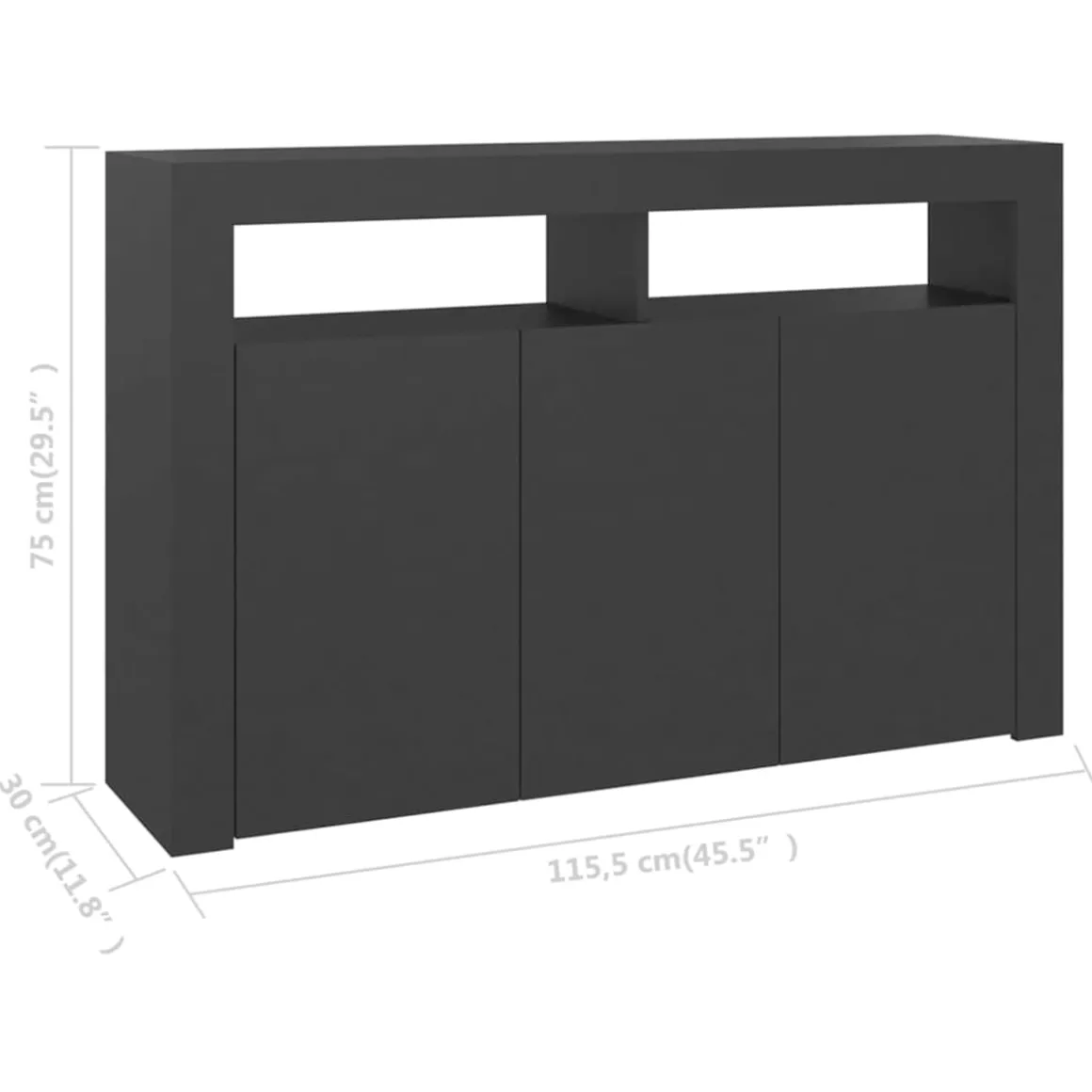 Aparador con luces LED 3 armarios 2 estantes abiertos negro 75x115,5x30 cm