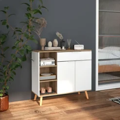 Aparador Dalvik Homcom con cajón + 3 estantes + armario blanco/natural 85x95x35 cm