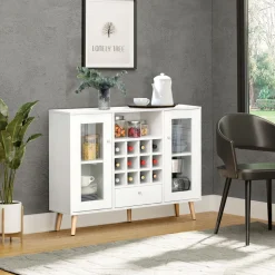 Aparador de cocina Byron Homcom 2 puertas + 1 cajón + botellero blanco 80x100x33 cm