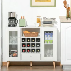 Aparador de cocina Byron Homcom 2 puertas + 1 cajón + botellero blanco 80x100x33 cm