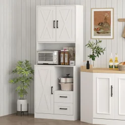 Aparador de cocina Green Homcom 2 armarios + cajones + encimera blanco 180x70x40 cm