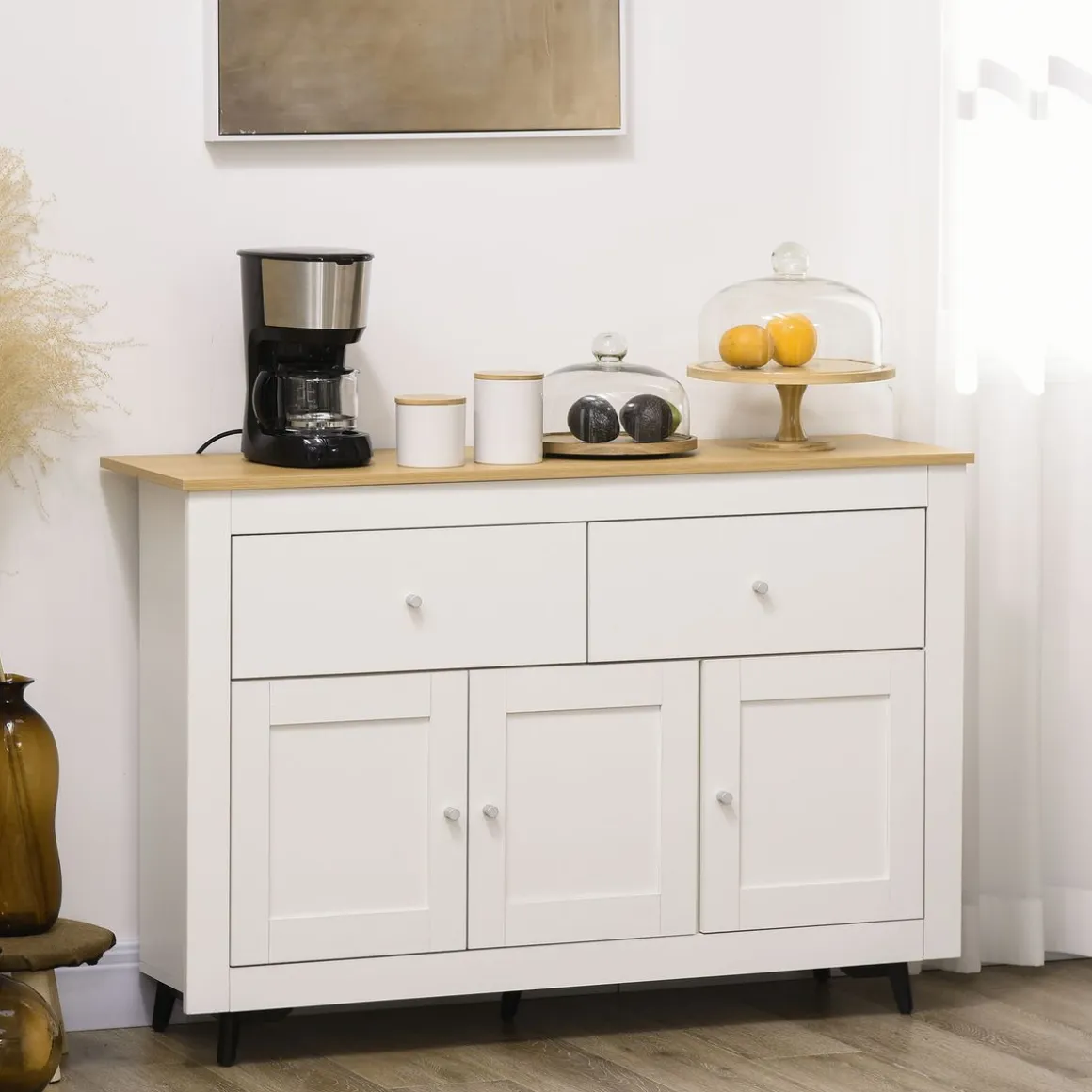 Aparador de cocina Namur Homcom 2 cajones + 3 puertas blanco/natural 80x117x35 cm