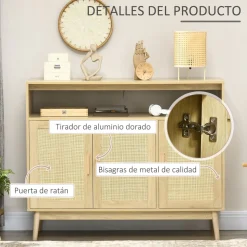 Aparador de cocina San Vicente Homcom 3 puertas estilo cannage natural 97x120x40 cm