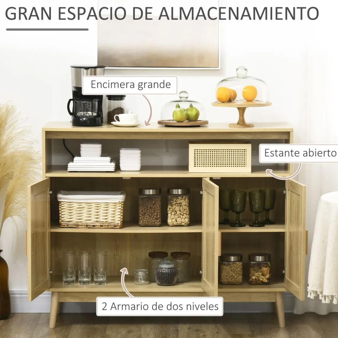 Aparador de cocina San Vicente Homcom 3 puertas estilo cannage natural 97x120x40 cm