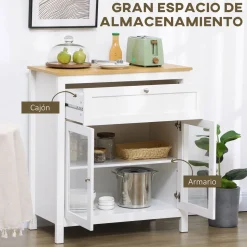 Aparador de cocina Solta Homcom 2 puertas + 1 cajón blanco/natural 90x80x40 cm