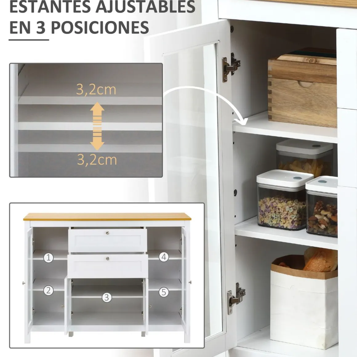 Aparador de cocina Vis Homcom 2 cajones + 2 puertas blanco/natural 90x120x40 cm
