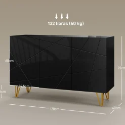 Aparador Desiré Homcom 3 puertas negro/dorado 75x120x40 cm