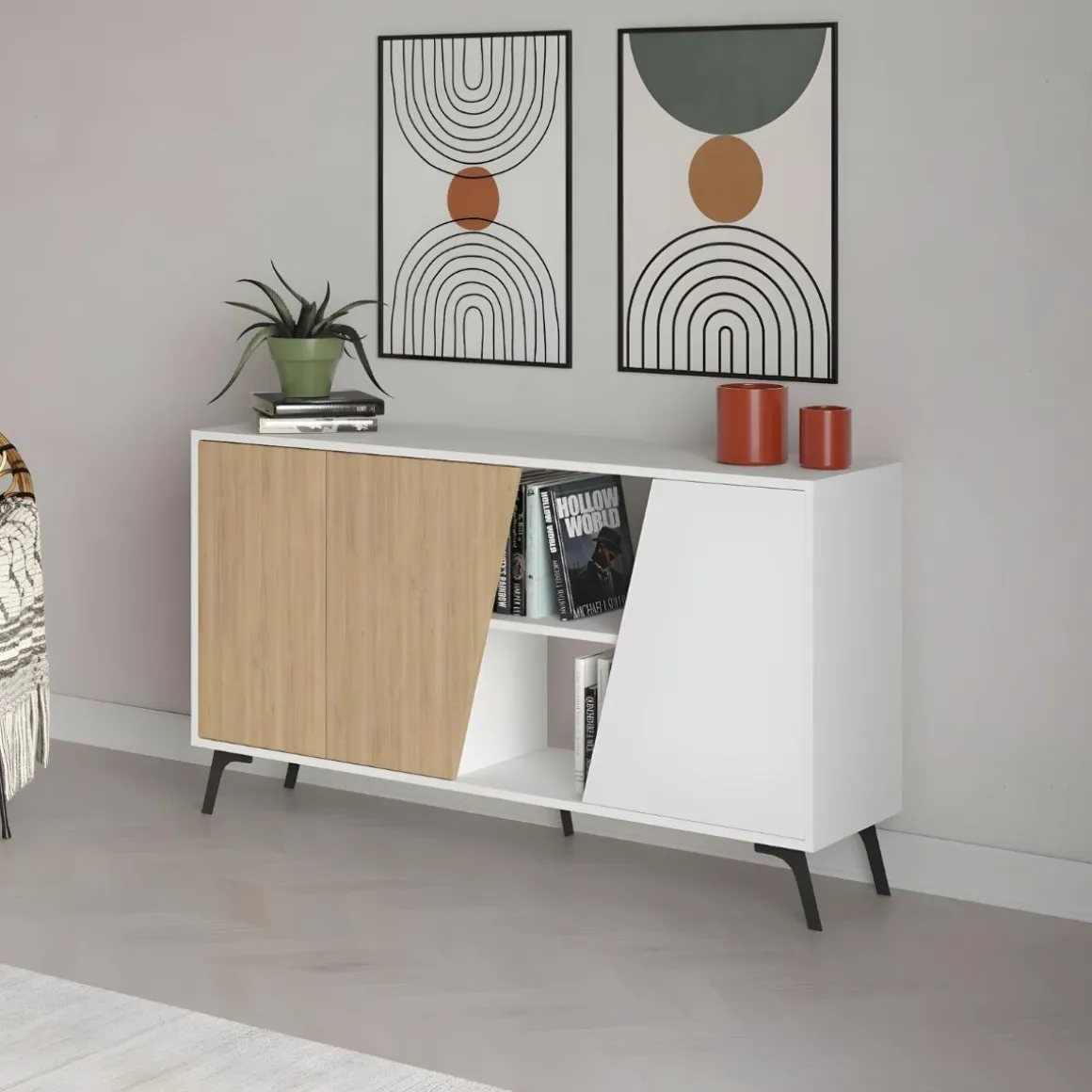 Aparador Fiona 2 puertas + 5 compartimentos roble/blanco 82x150x35,6 cm
