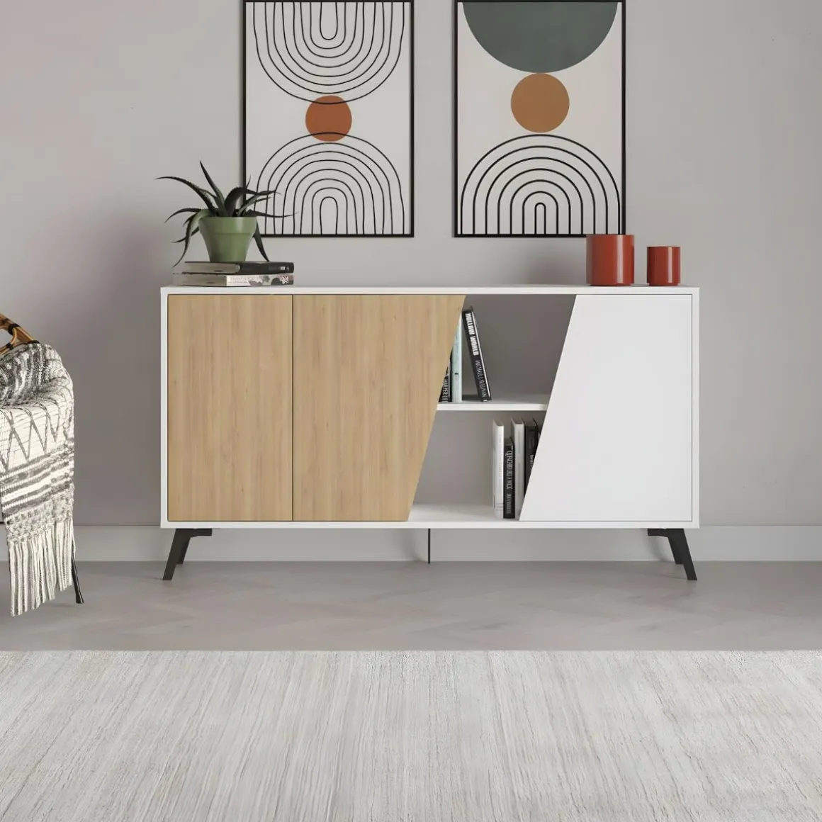 Aparador Fiona 2 puertas + 5 compartimentos roble/blanco 82x150x35,6 cm