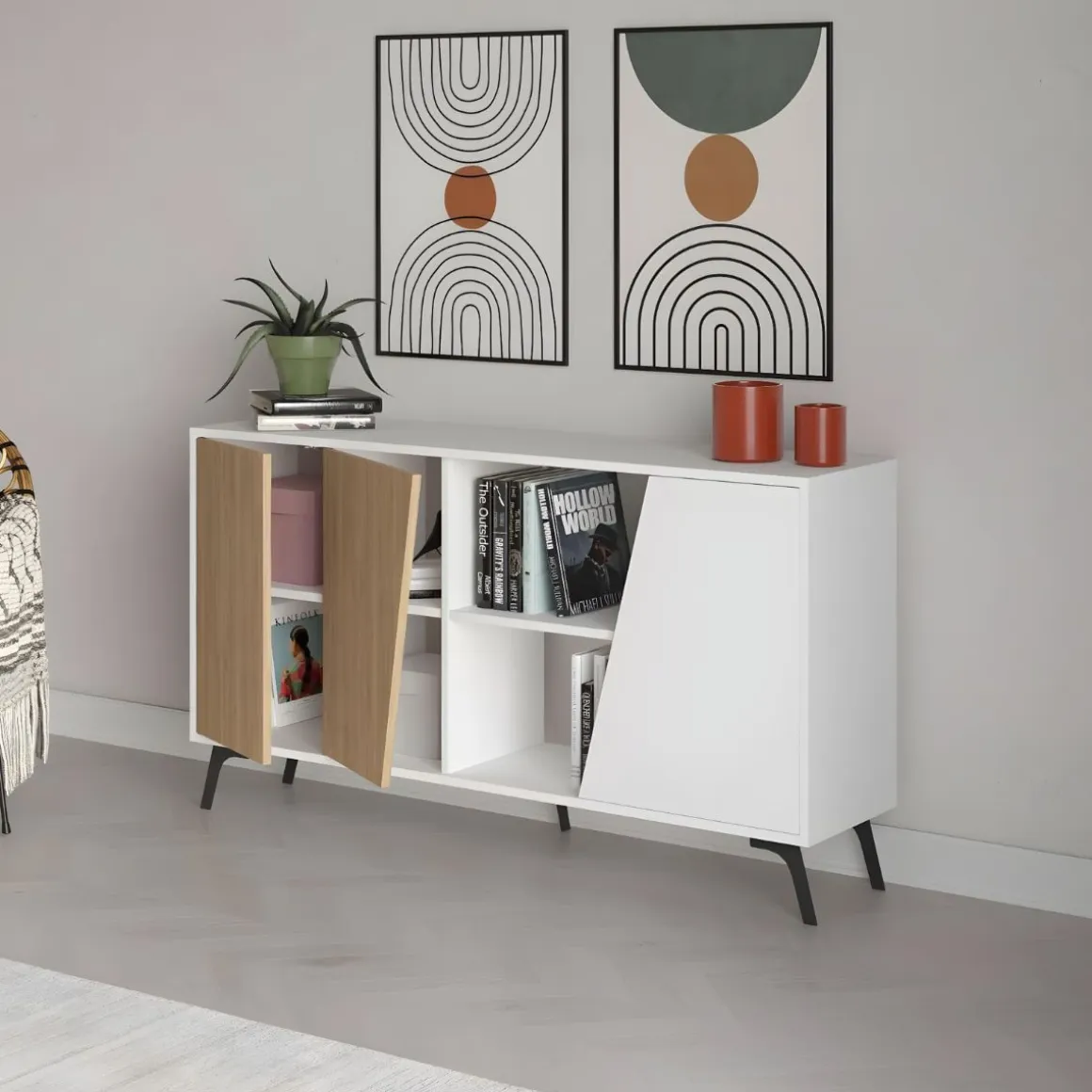 Aparador Fiona 2 puertas + 5 compartimentos roble/blanco 82x150x35,6 cm