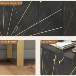 Aparador Gatsby Homcom 2 armarios + estantes ajustables negro/dorado 75x107x35 cm