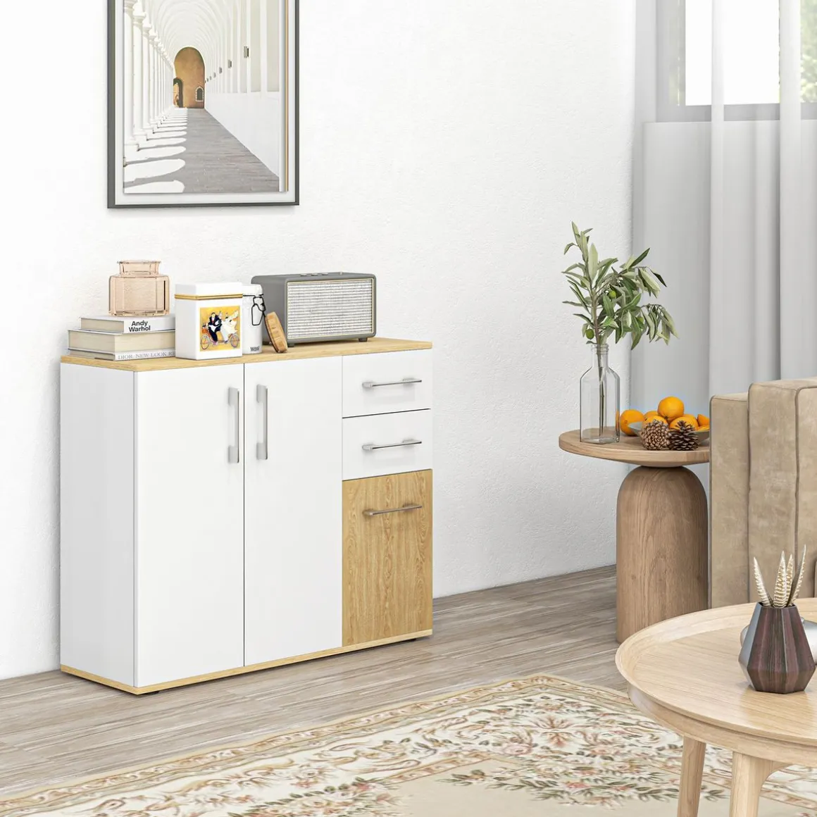 Aparador Herminia Homcom 2 cajones + 2 armarios blanco/natural 75,5x90x30 cm