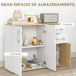 Aparador Herminia Homcom 2 cajones + 2 armarios blanco/natural 75,5x90x30 cm