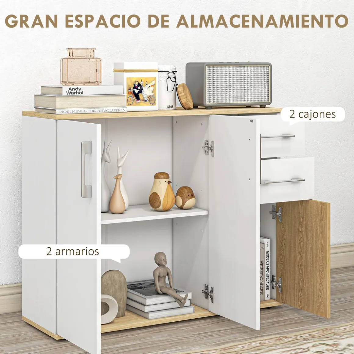 Aparador Herminia Homcom 2 cajones + 2 armarios blanco/natural 75,5x90x30 cm