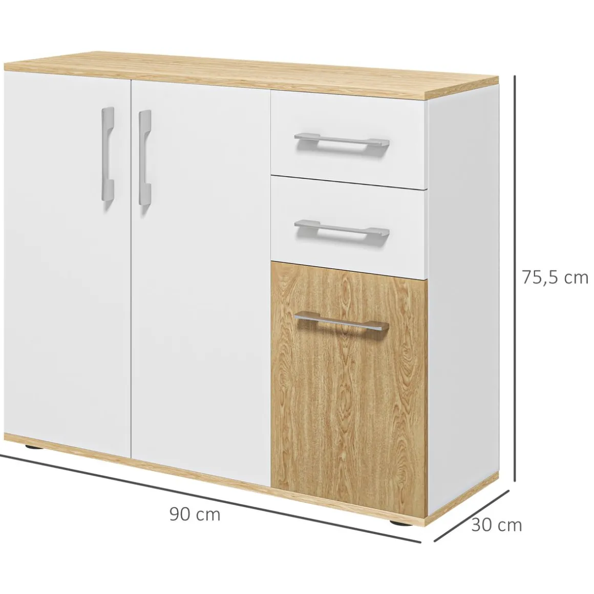 Aparador Herminia Homcom 2 cajones + 2 armarios blanco/natural 75,5x90x30 cm