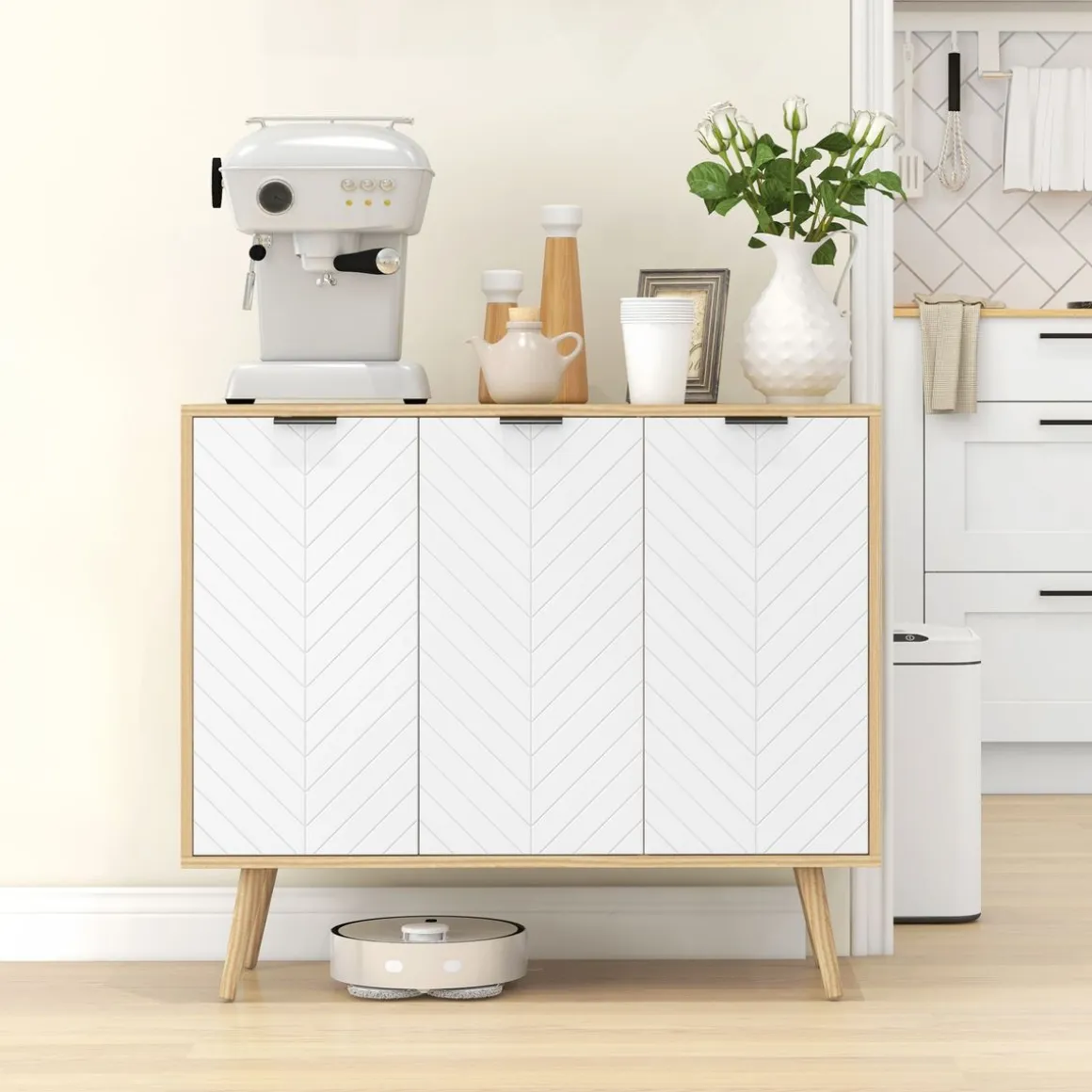 Aparador Hogar Homcom 3 puertas blanco/natural 77,4x91,5x35 cm