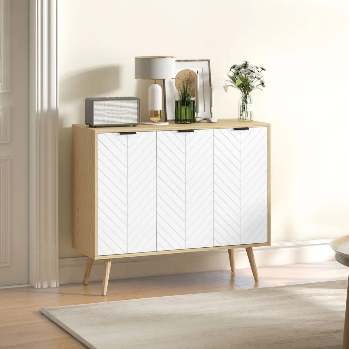 Aparador Hogar Homcom 3 puertas blanco/natural 77,4x91,5x35 cm