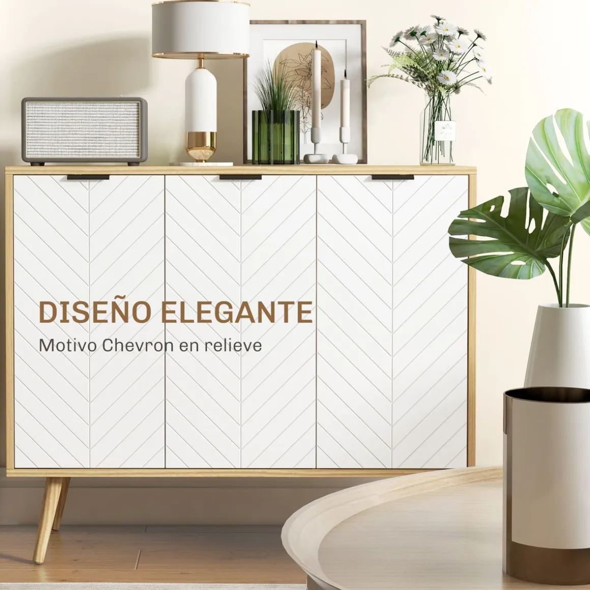 Aparador Hogar Homcom 3 puertas blanco/natural 77,4x91,5x35 cm