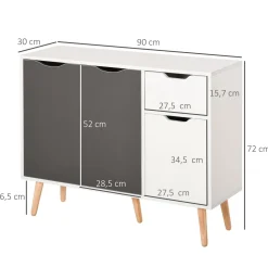 Aparador Kiwi Homcom 3 puertas + cajón blanco/gris 72x90x30 cm