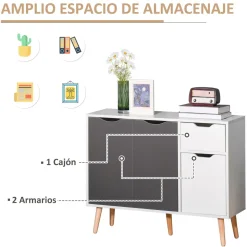 Aparador Kiwi Homcom 3 puertas + cajón blanco/gris 72x90x30 cm