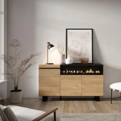 Aparador Kroma 3 puertas con chimenea derecha roble/negro 75x150x35 cm