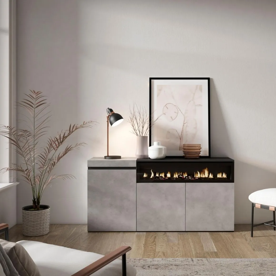 Aparador Kroma 3 puertas con chimenea derecha gris 75x152,5x34,6 cm