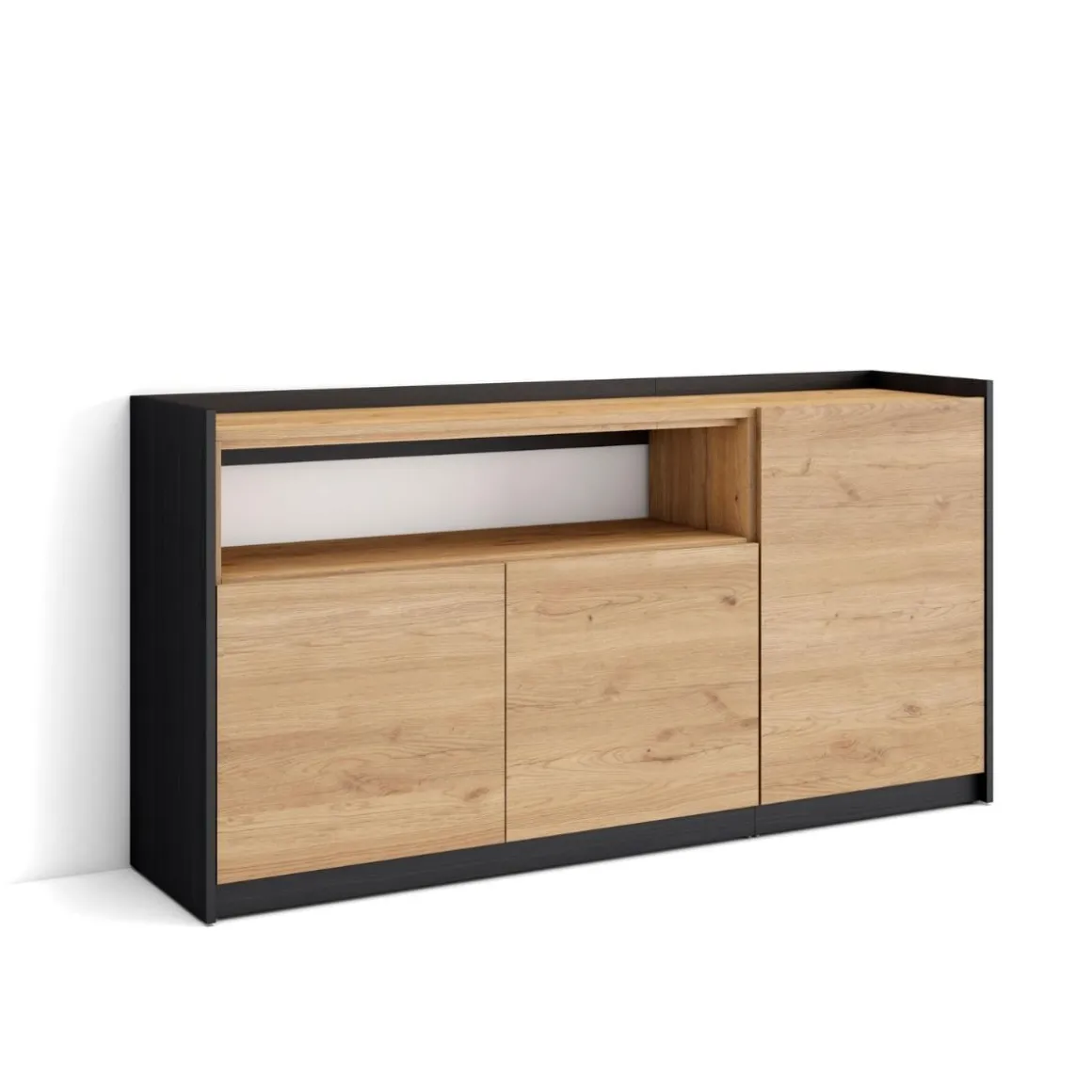 Aparador Kroma 3 puertas con estante abierto izquierda negro/natural 80x156x37 cm
