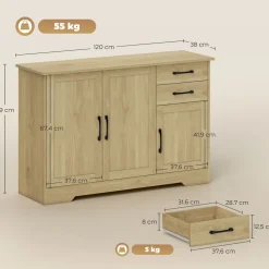 Aparador Luna Homcom 3 puertas + 2 cajones natural 79x120x38 cm