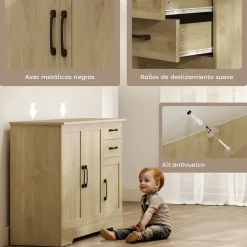 Aparador Luna Homcom 3 puertas + 2 cajones natural 79x120x38 cm