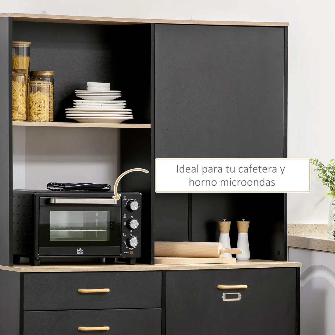Aparador Luna Homcom 3 puertas + 1 cajón + estante negro 180x119x41 cm