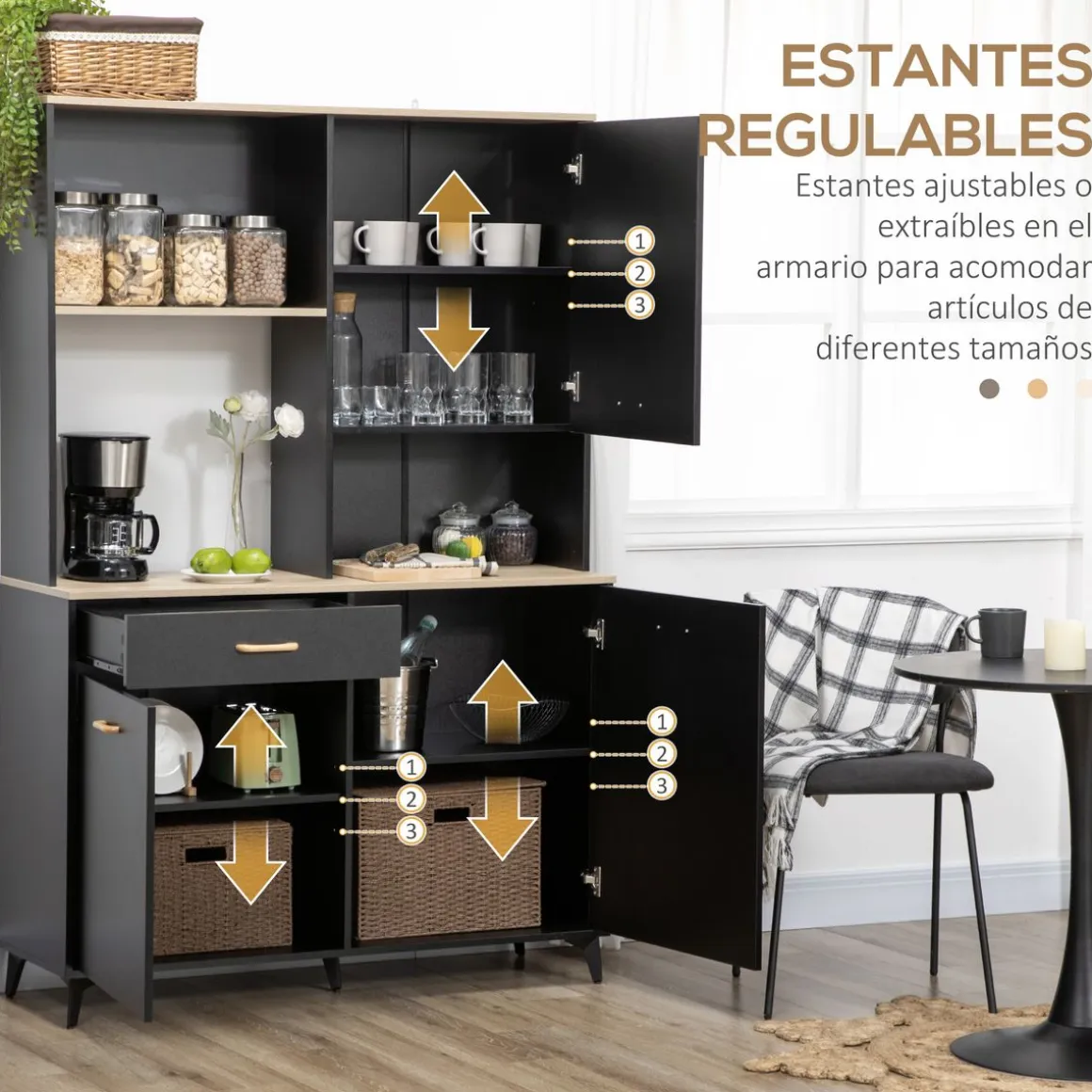 Aparador Luna Homcom 3 puertas + 1 cajón + estante negro 180x119x41 cm