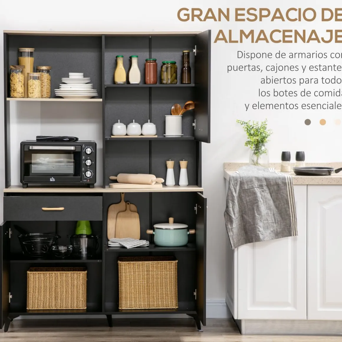 Aparador Luna Homcom 3 puertas + 1 cajón + estante negro 180x119x41 cm