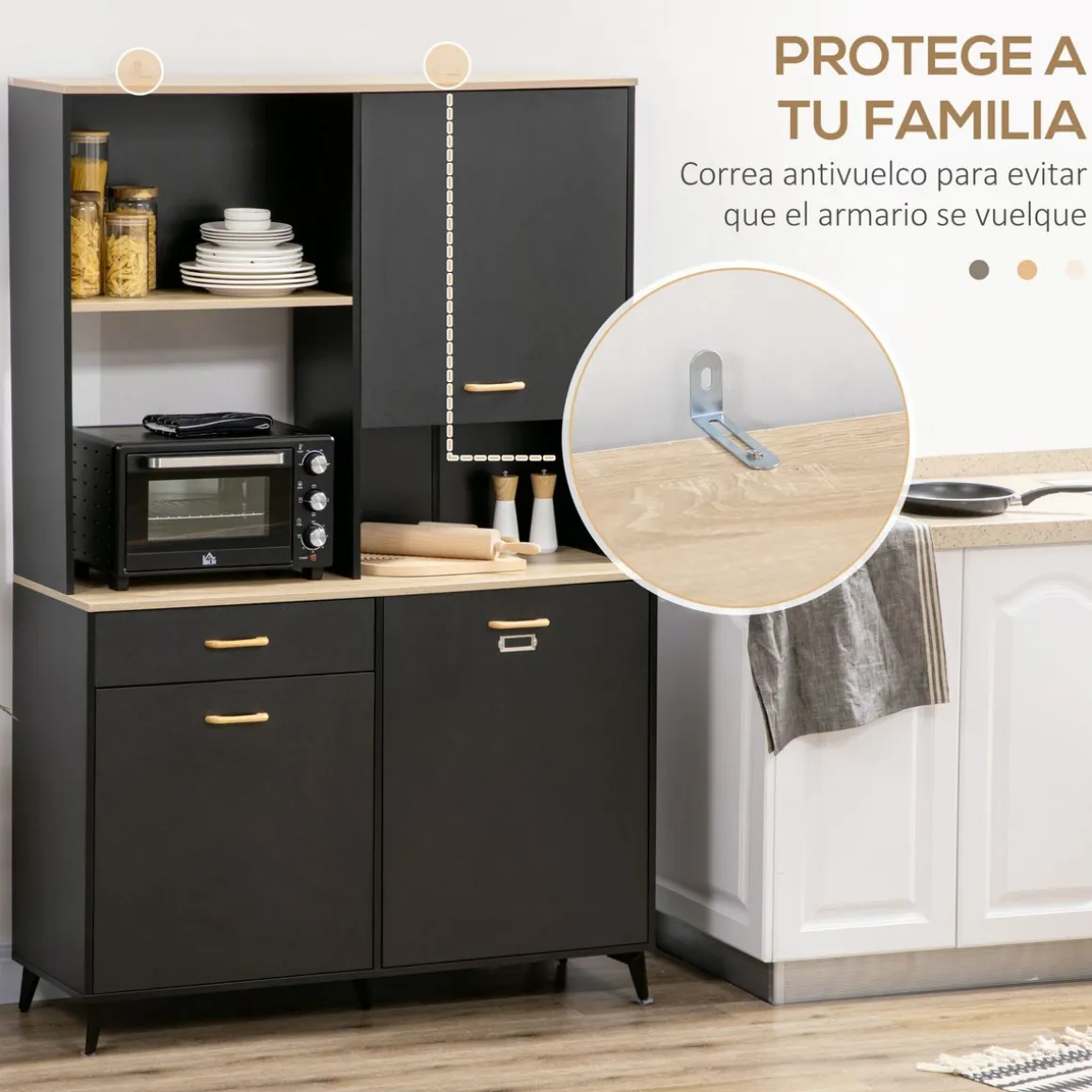 Aparador Luna Homcom 3 puertas + 1 cajón + estante negro 180x119x41 cm