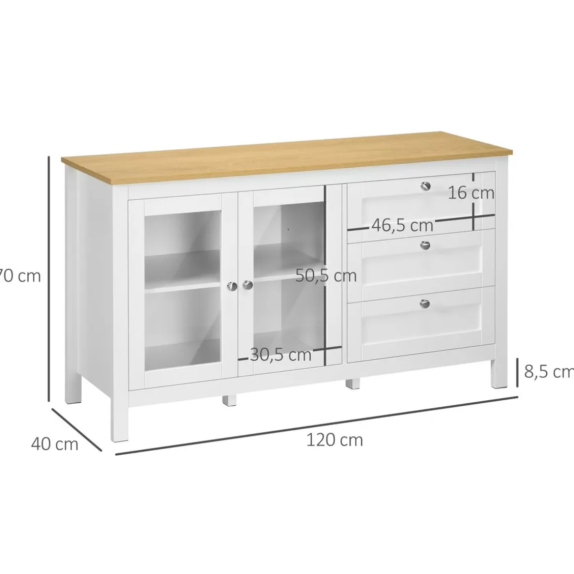 Aparador San Blas Homcom 2 puertas + 3 cajones blanco/natural 70x120x40 cm