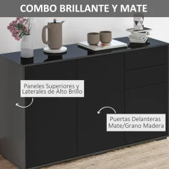 Aparador Shagrila Homcom 3 puertas + 2 cajones + estantes negro 74x117x36 cm