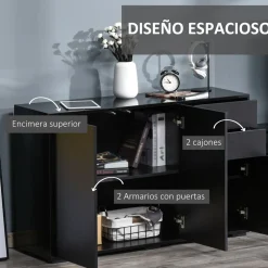 Aparador Shagrila Homcom 3 puertas + 2 cajones + estantes negro 74x117x36 cm