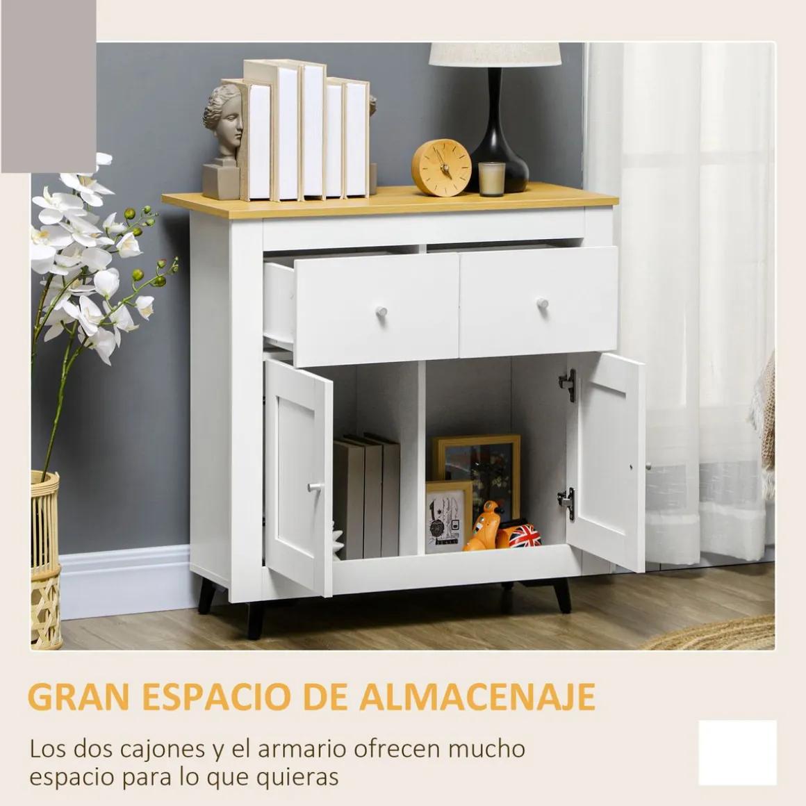 Aparador Tulipa Homcom 2 cajones + armario blanco 80x78x35 cm