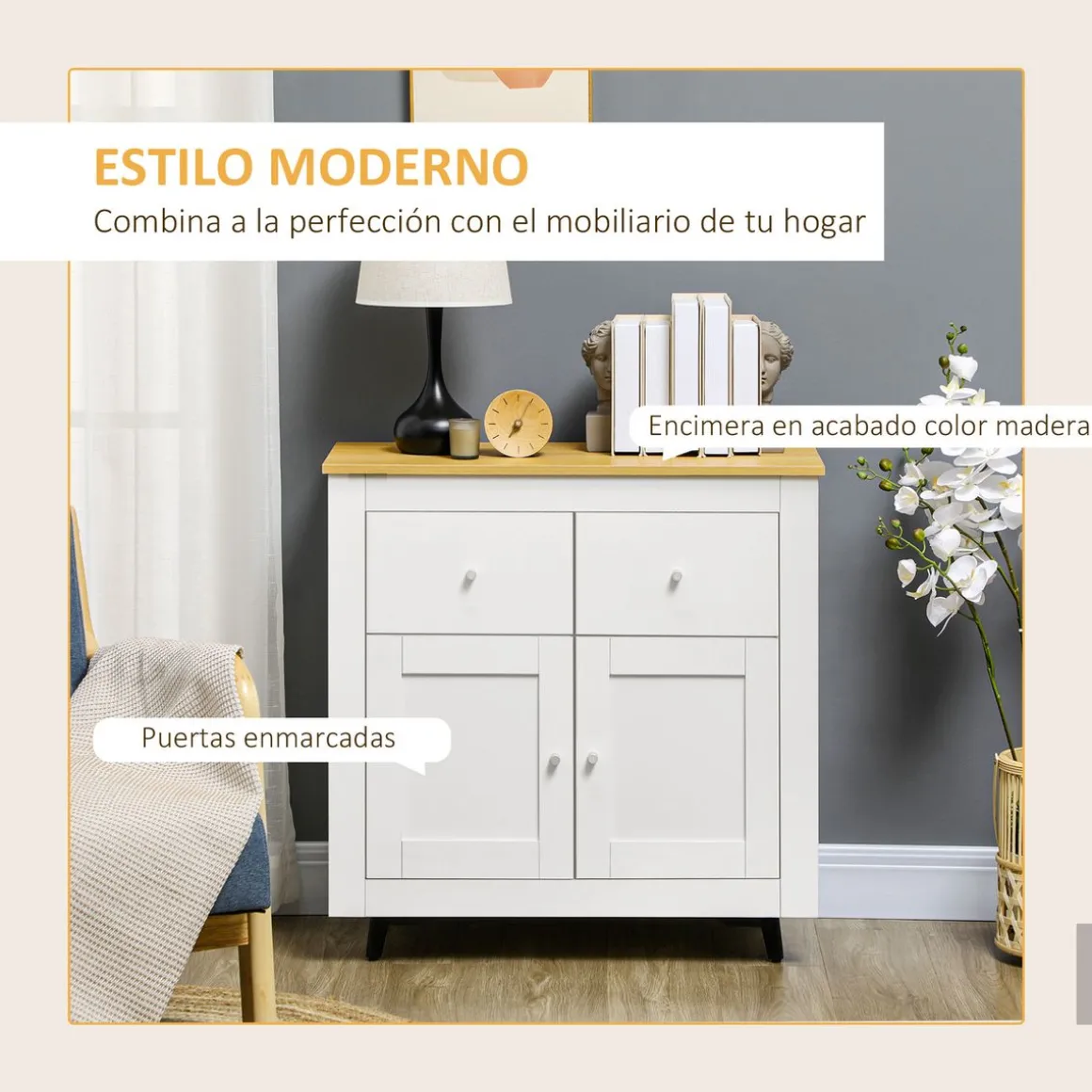 Aparador Tulipa Homcom 2 cajones + armario blanco 80x78x35 cm