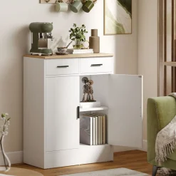 Aparador Venecia Homcom 2 cajones + 2 puertas blanco/natural 90,3x68,6x35 cm