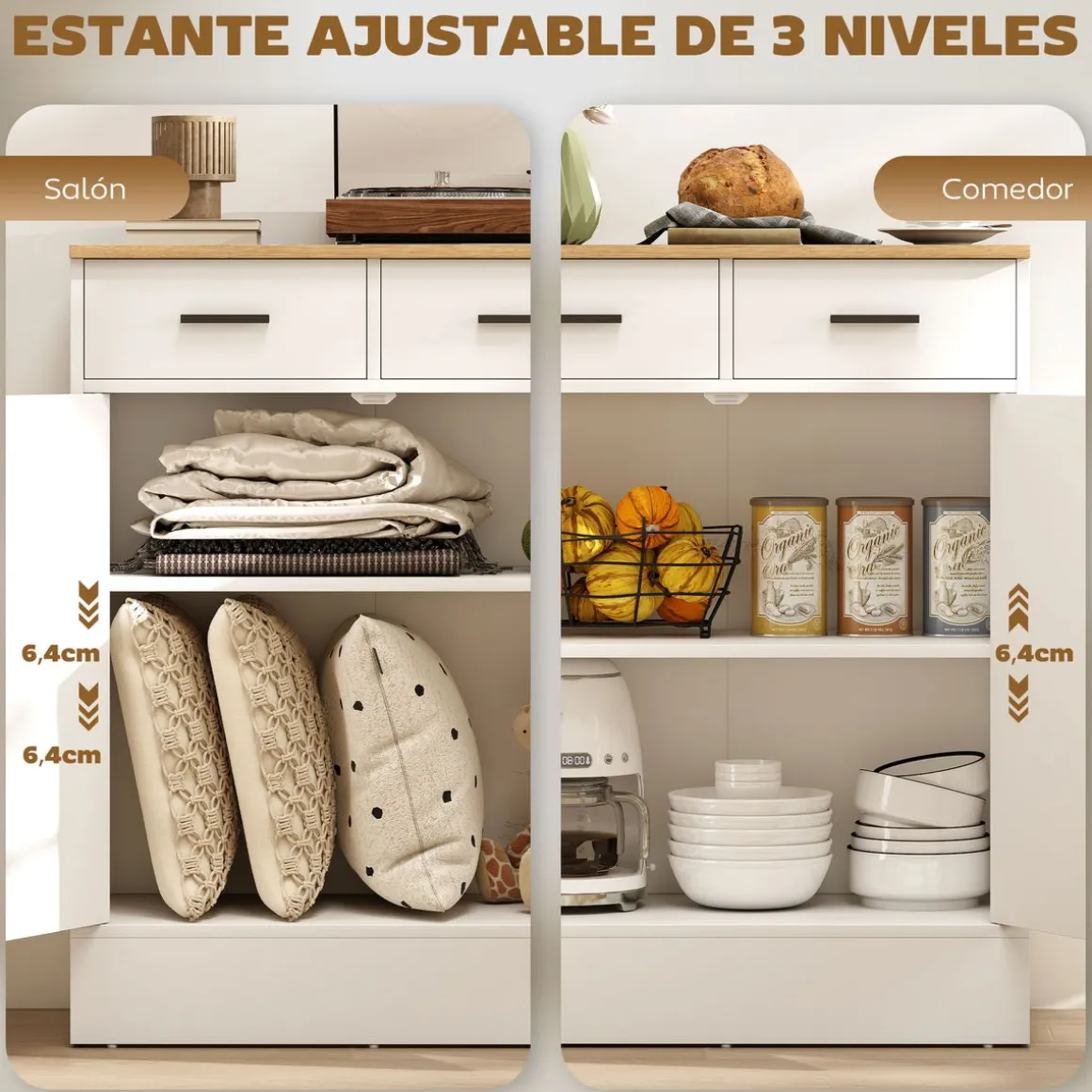 Aparador Venecia Homcom 2 cajones + 2 puertas blanco/natural 90,3x68,6x35 cm
