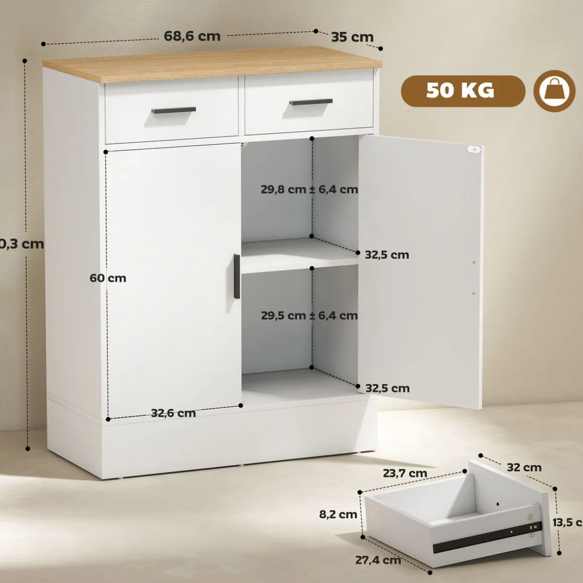 Aparador Venecia Homcom 2 cajones + 2 puertas blanco/natural 90,3x68,6x35 cm