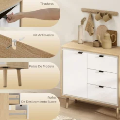 Aparador Vivo Homcom 1 puerta con 3 cajones blanco/natural 77x80x35 cm