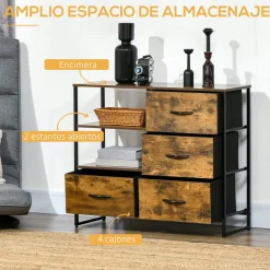 Aparador Évora Homcom 4 cajones de tela + 2 estantes marrón oscuro 71,5x84x30 cm