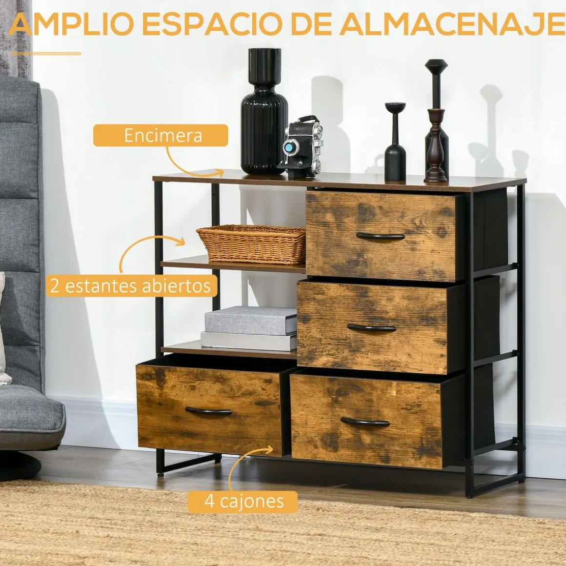 Aparador Évora Homcom 4 cajones de tela + 2 estantes marrón oscuro 71,5x84x30 cm